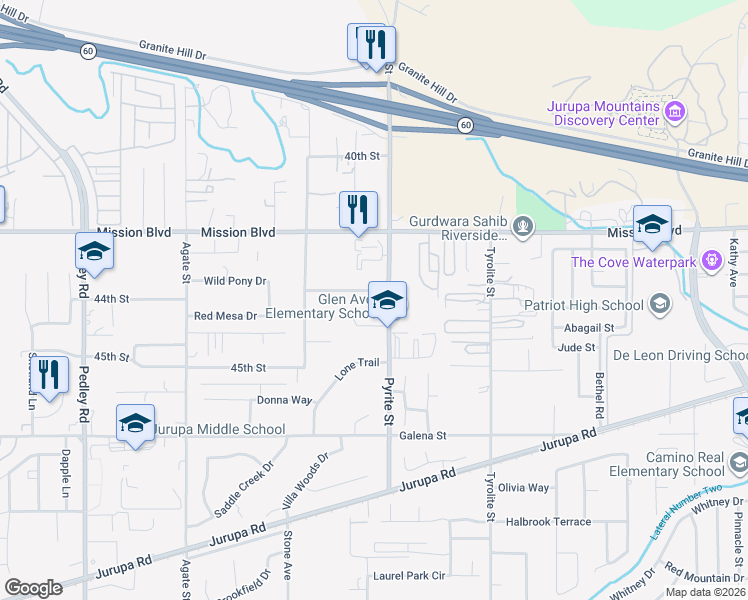 map of restaurants, bars, coffee shops, grocery stores, and more near 8250 Stonewood Lane in Riverside