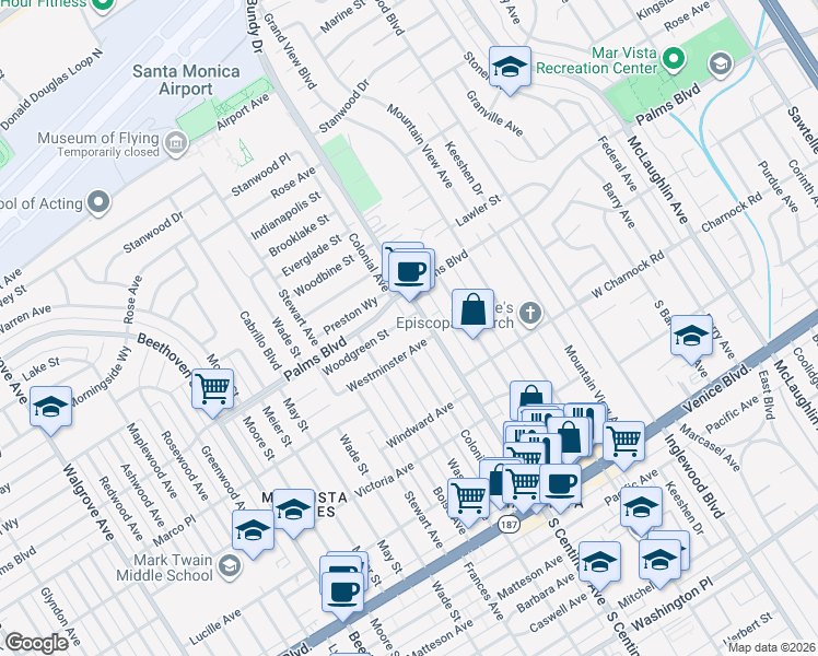 map of restaurants, bars, coffee shops, grocery stores, and more near 12426 Woodgreen Street in Los Angeles