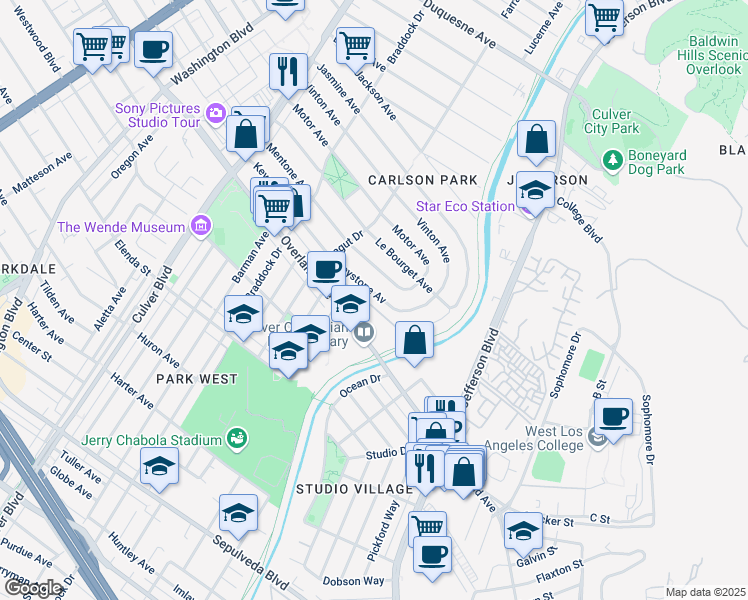 map of restaurants, bars, coffee shops, grocery stores, and more near 4373 Keystone Avenue in Culver City