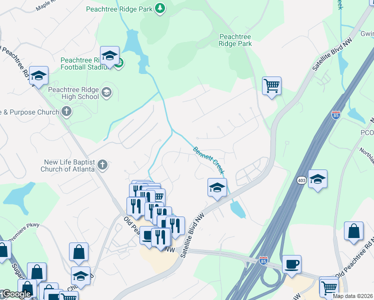 map of restaurants, bars, coffee shops, grocery stores, and more near 2850 Olde Savannah Cove in Suwanee