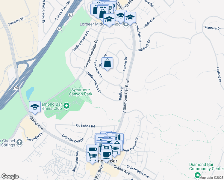 map of restaurants, bars, coffee shops, grocery stores, and more near 23407 Clayhorn Drive in Diamond Bar