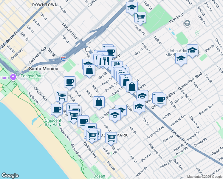 map of restaurants, bars, coffee shops, grocery stores, and more near in Santa Monica