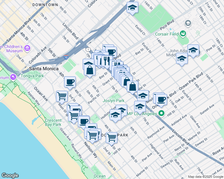 map of restaurants, bars, coffee shops, grocery stores, and more near 650 Pacific Street in Santa Monica
