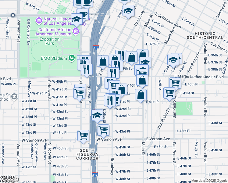 map of restaurants, bars, coffee shops, grocery stores, and more near 4080 South Broadway in Los Angeles
