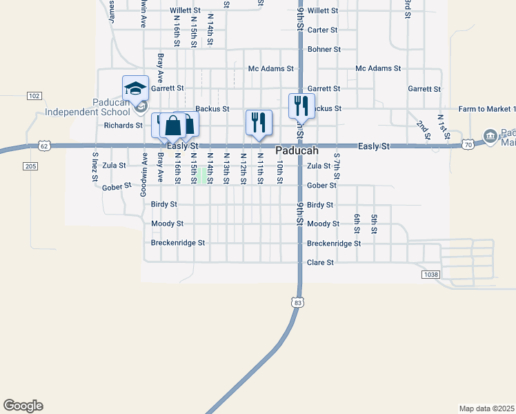 map of restaurants, bars, coffee shops, grocery stores, and more near 1214 Birdy Street in Paducah