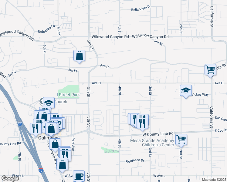 map of restaurants, bars, coffee shops, grocery stores, and more near 13412 Limestone Drive in Yucaipa