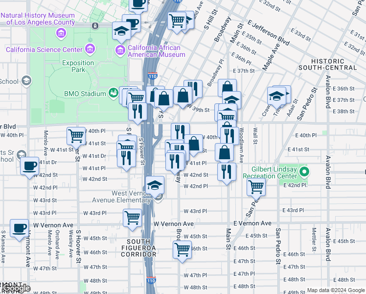 map of restaurants, bars, coffee shops, grocery stores, and more near 4080 South Broadway in Los Angeles