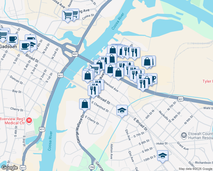 map of restaurants, bars, coffee shops, grocery stores, and more near 109 Elmwood Avenue in Gadsden
