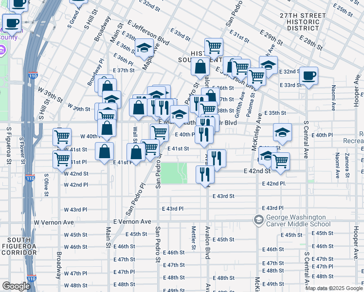 map of restaurants, bars, coffee shops, grocery stores, and more near 445 East 41st Street in Los Angeles