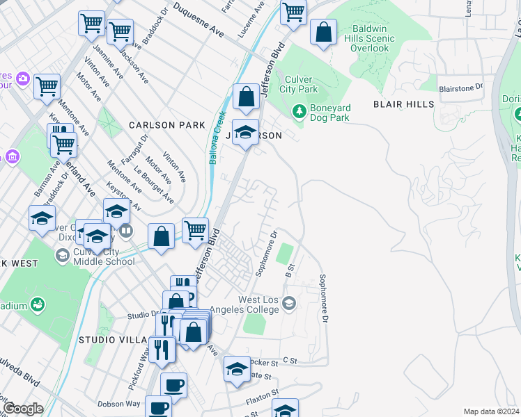map of restaurants, bars, coffee shops, grocery stores, and more near 5001 Cascade Court in Culver City