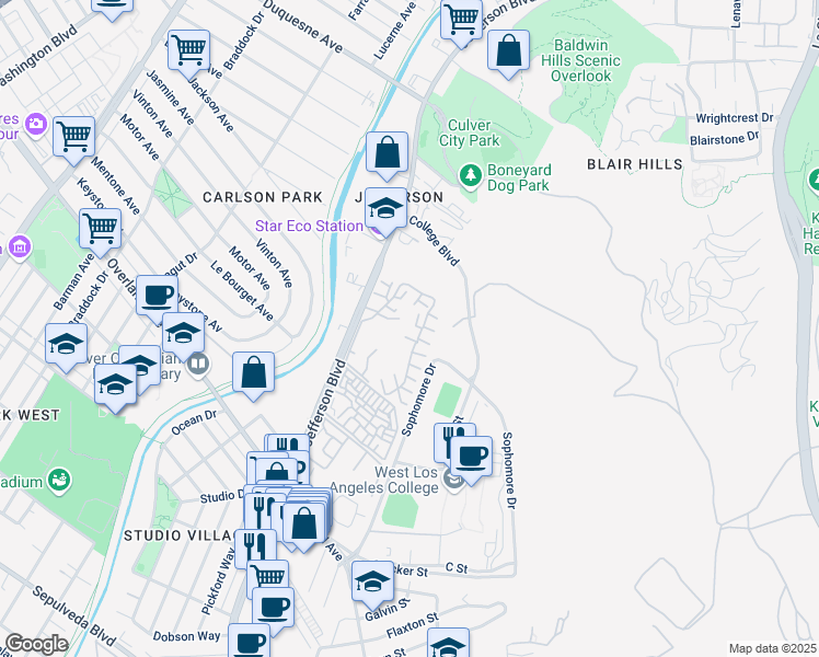 map of restaurants, bars, coffee shops, grocery stores, and more near 5001 Cascade Court in Culver City