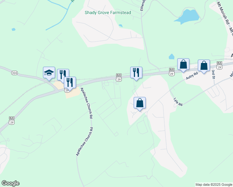 map of restaurants, bars, coffee shops, grocery stores, and more near 1585 Auburn Park Court in Auburn