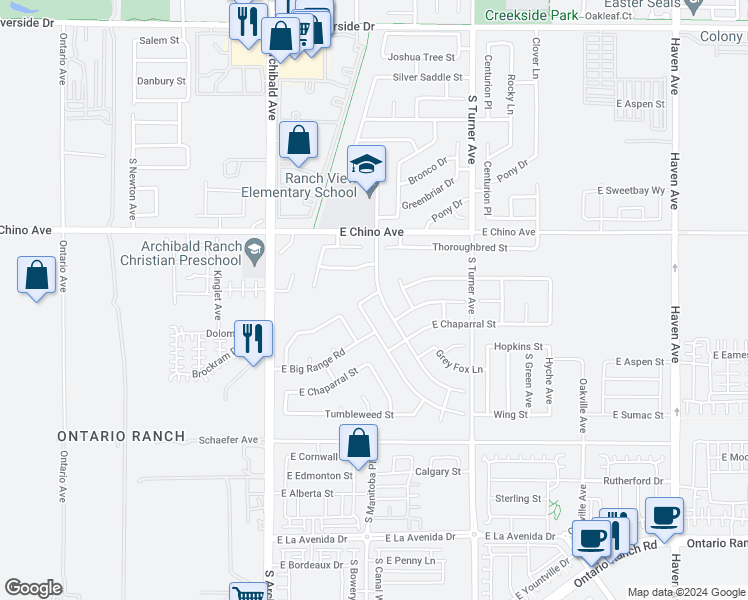 map of restaurants, bars, coffee shops, grocery stores, and more near 3532 Old Archibald Ranch Road in Ontario