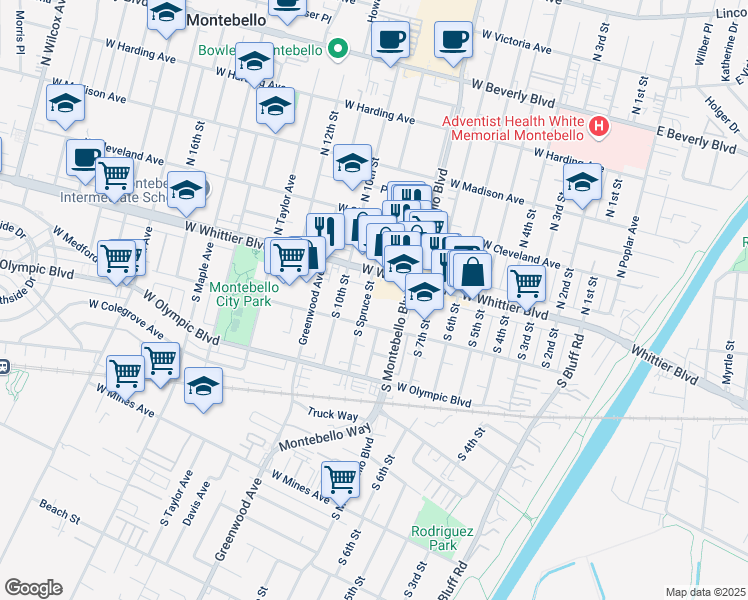 map of restaurants, bars, coffee shops, grocery stores, and more near 124 S Spruce St in Montebello