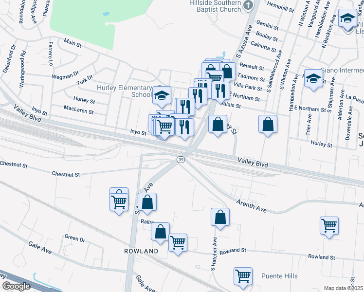 map of restaurants, bars, coffee shops, grocery stores, and more near 17353 Valley Boulevard in La Puente