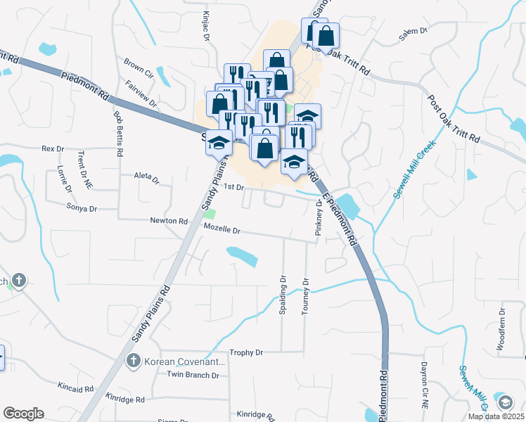 map of restaurants, bars, coffee shops, grocery stores, and more near 2116 Arbor Oaks Drive in Marietta