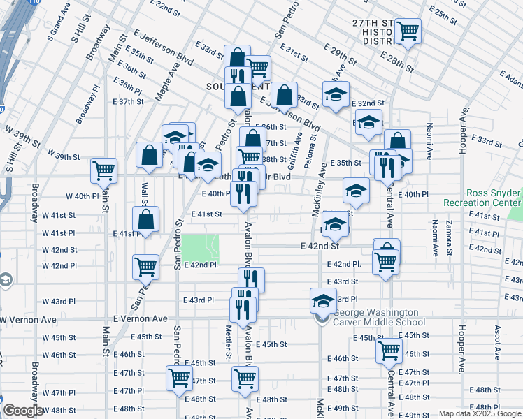 map of restaurants, bars, coffee shops, grocery stores, and more near 641 East 41st Street in Los Angeles