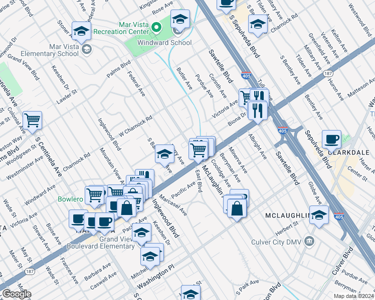 map of restaurants, bars, coffee shops, grocery stores, and more near 3743 McLaughlin Avenue in Los Angeles