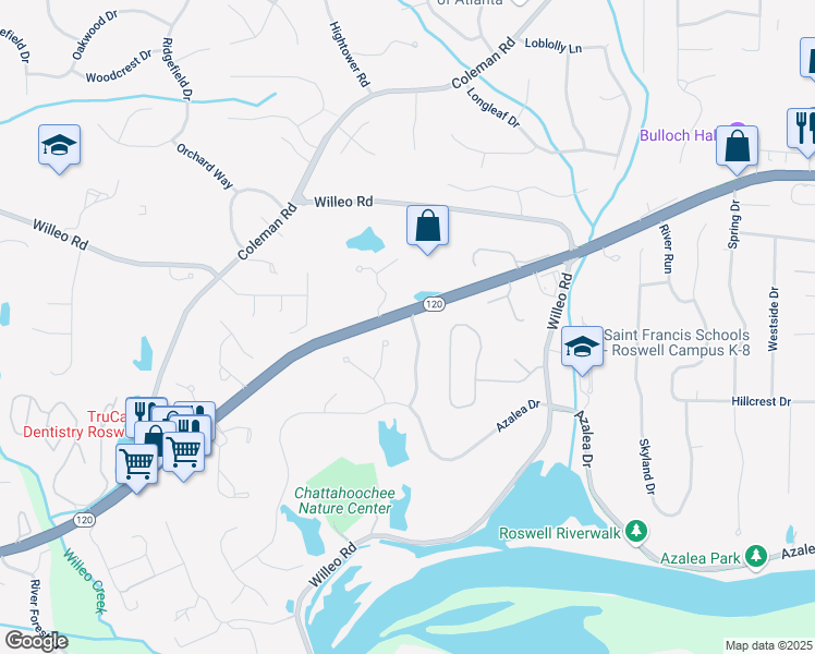 map of restaurants, bars, coffee shops, grocery stores, and more near 105 Inverness Approach in Roswell
