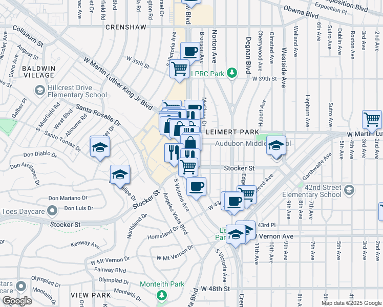 map of restaurants, bars, coffee shops, grocery stores, and more near 4114 Crenshaw Boulevard in Los Angeles