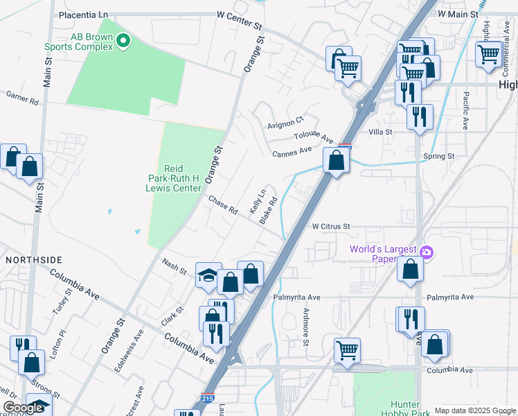 map of restaurants, bars, coffee shops, grocery stores, and more near 776 Kelly Lane in Riverside