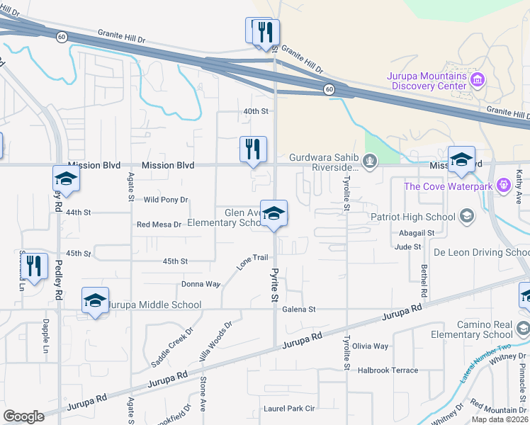 map of restaurants, bars, coffee shops, grocery stores, and more near 8250 Stonewood Lane in Riverside