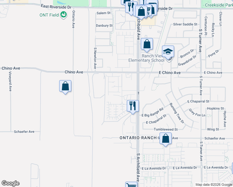 map of restaurants, bars, coffee shops, grocery stores, and more near 9581 Chino Avenue in Ontario