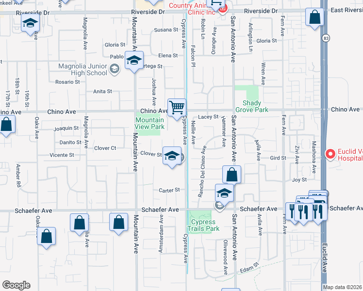 map of restaurants, bars, coffee shops, grocery stores, and more near 13425 Cypress Avenue in Chino