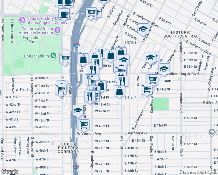 map of restaurants, bars, coffee shops, grocery stores, and more near 205 West 41st Street in Los Angeles