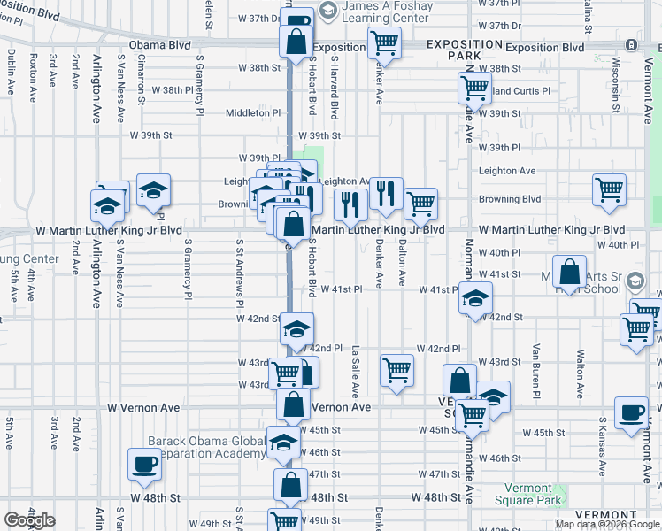 map of restaurants, bars, coffee shops, grocery stores, and more near 4044 South Harvard Boulevard in Los Angeles