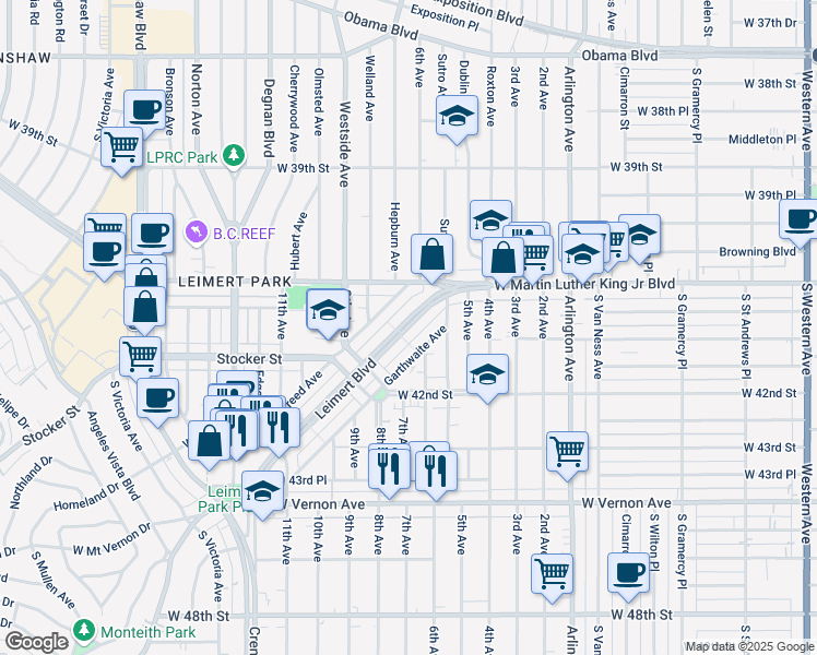 map of restaurants, bars, coffee shops, grocery stores, and more near 4126 Leimert Boulevard in Los Angeles