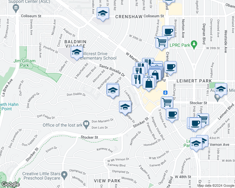 map of restaurants, bars, coffee shops, grocery stores, and more near 4183 Marlton Avenue in Los Angeles