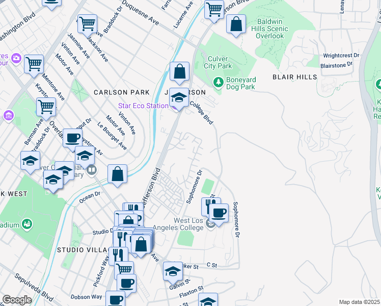 map of restaurants, bars, coffee shops, grocery stores, and more near 5001 Cascade Court in Culver City