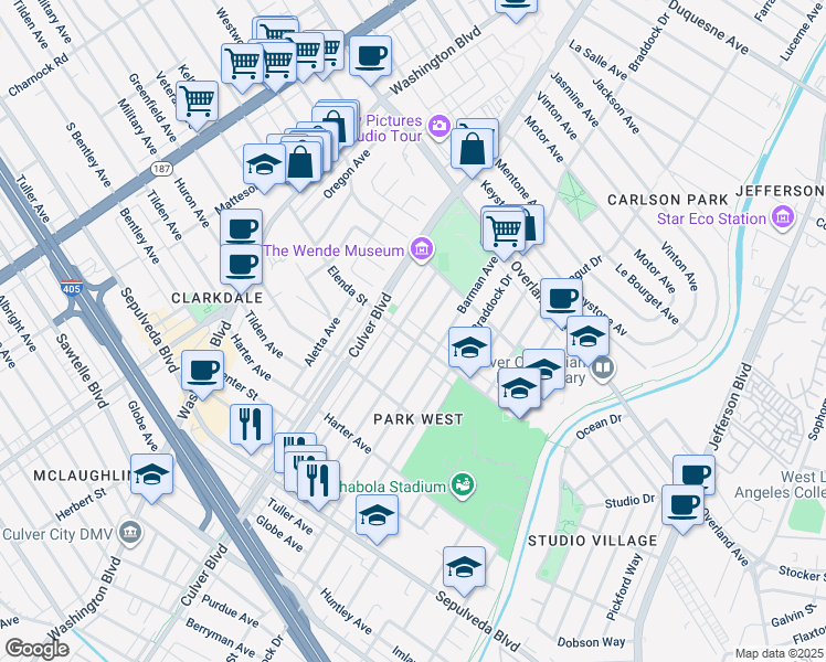 map of restaurants, bars, coffee shops, grocery stores, and more near 10859 Lindblade Street in Culver City