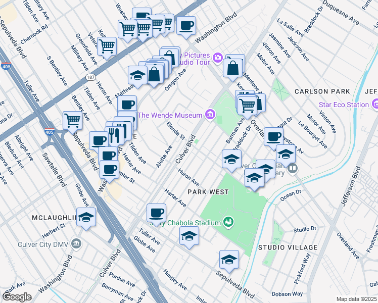 map of restaurants, bars, coffee shops, grocery stores, and more near 10900 Culver Boulevard in Culver City