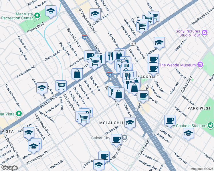 map of restaurants, bars, coffee shops, grocery stores, and more near 3919 Globe Avenue in Culver City