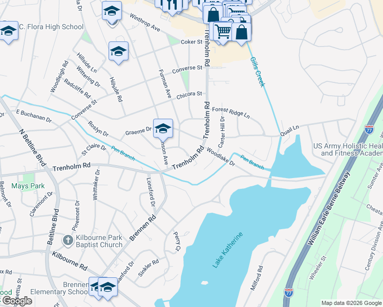 map of restaurants, bars, coffee shops, grocery stores, and more near 4614 Trenholm Road in Columbia