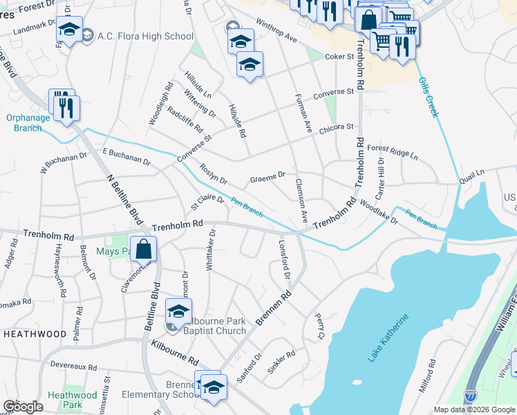 map of restaurants, bars, coffee shops, grocery stores, and more near 1635 Roslyn Drive in Columbia