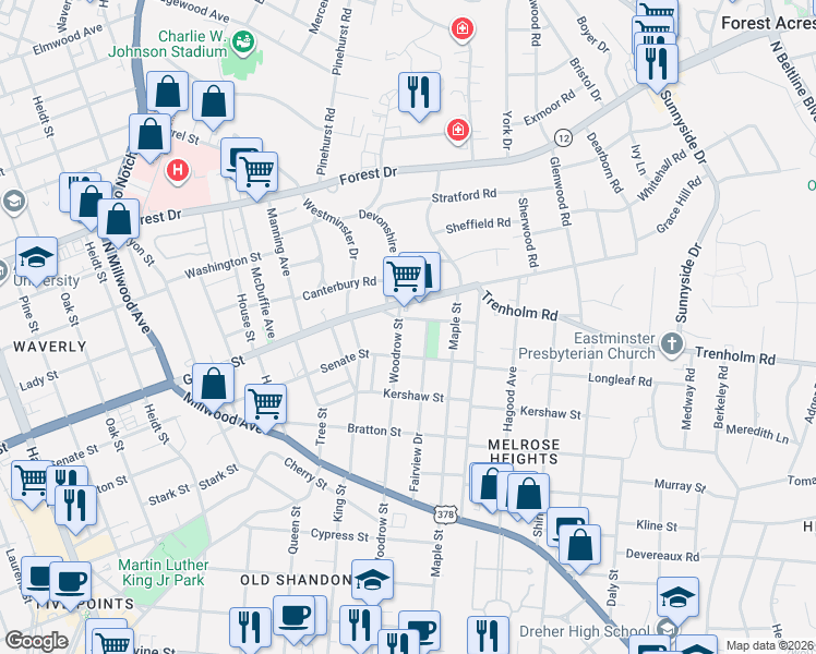 map of restaurants, bars, coffee shops, grocery stores, and more near 1420 Woodrow Street in Columbia