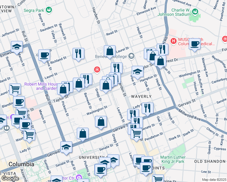 map of restaurants, bars, coffee shops, grocery stores, and more near 2001 Hampton Street in Columbia