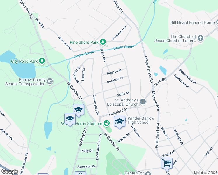 map of restaurants, bars, coffee shops, grocery stores, and more near 155 Ridgeway Street in Winder