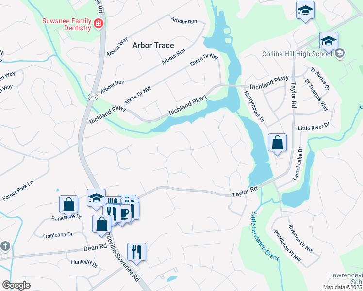 map of restaurants, bars, coffee shops, grocery stores, and more near 345 Deerwood Drive in Suwanee
