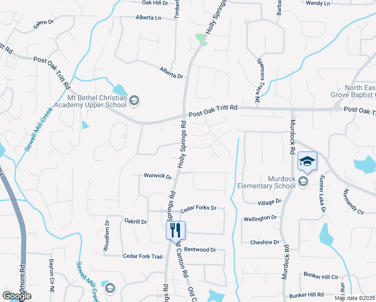 map of restaurants, bars, coffee shops, grocery stores, and more near 2726 Riderwood Lane Northeast in Marietta