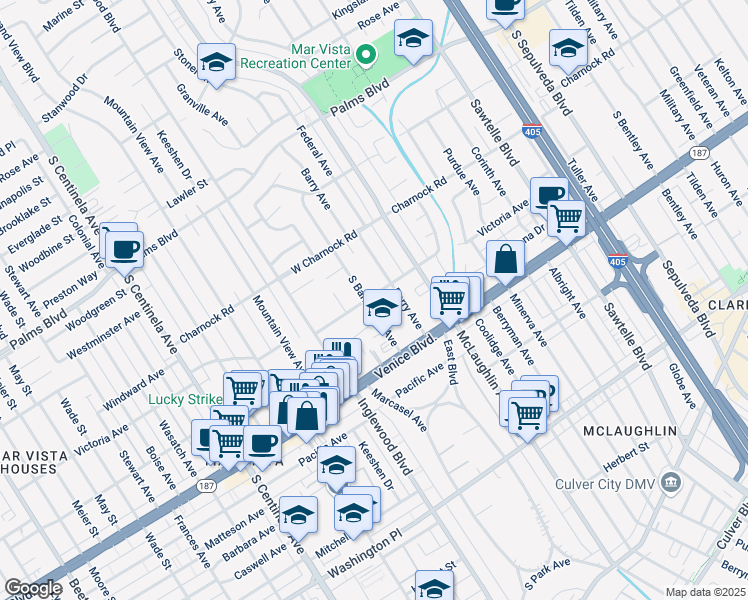 map of restaurants, bars, coffee shops, grocery stores, and more near 3706 South Barrington Avenue in Los Angeles