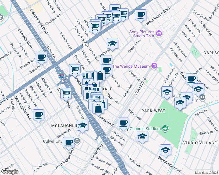 map of restaurants, bars, coffee shops, grocery stores, and more near 4045 Tilden Avenue in Culver City