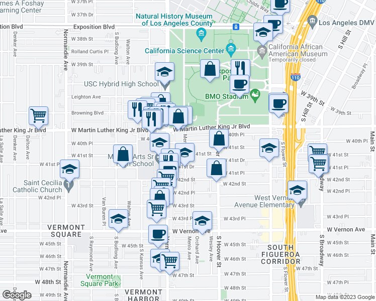 map of restaurants, bars, coffee shops, grocery stores, and more near 873 West 41st Street in Los Angeles