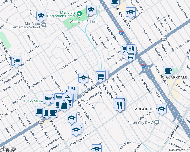 map of restaurants, bars, coffee shops, grocery stores, and more near 3743 McLaughlin Avenue in Los Angeles