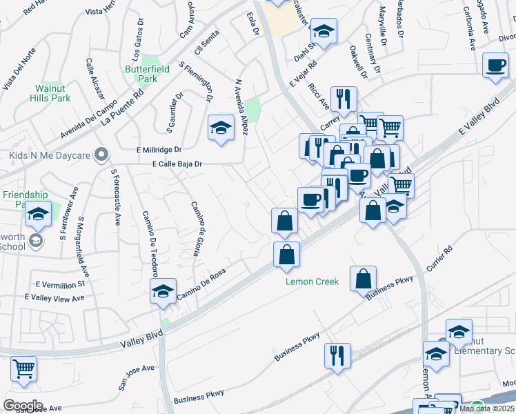 map of restaurants, bars, coffee shops, grocery stores, and more near 417 Bourdet Avenue in Walnut