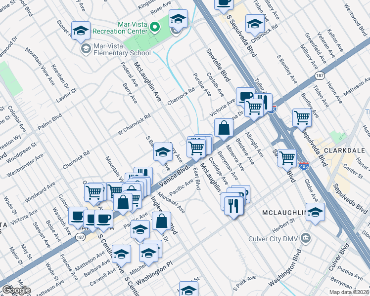 map of restaurants, bars, coffee shops, grocery stores, and more near 3743 McLaughlin Avenue in Los Angeles