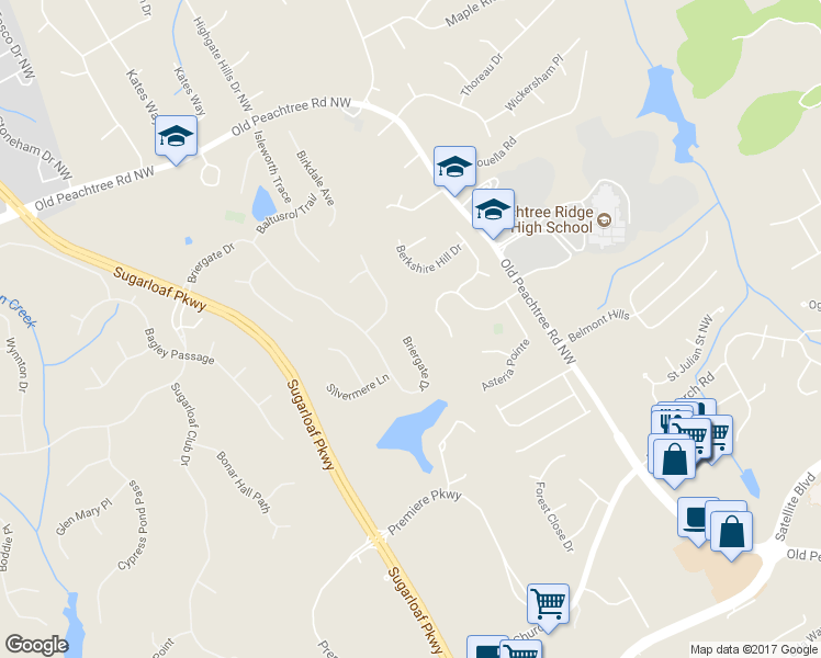 map of restaurants, bars, coffee shops, grocery stores, and more near 1540 Briergate Drive in Duluth